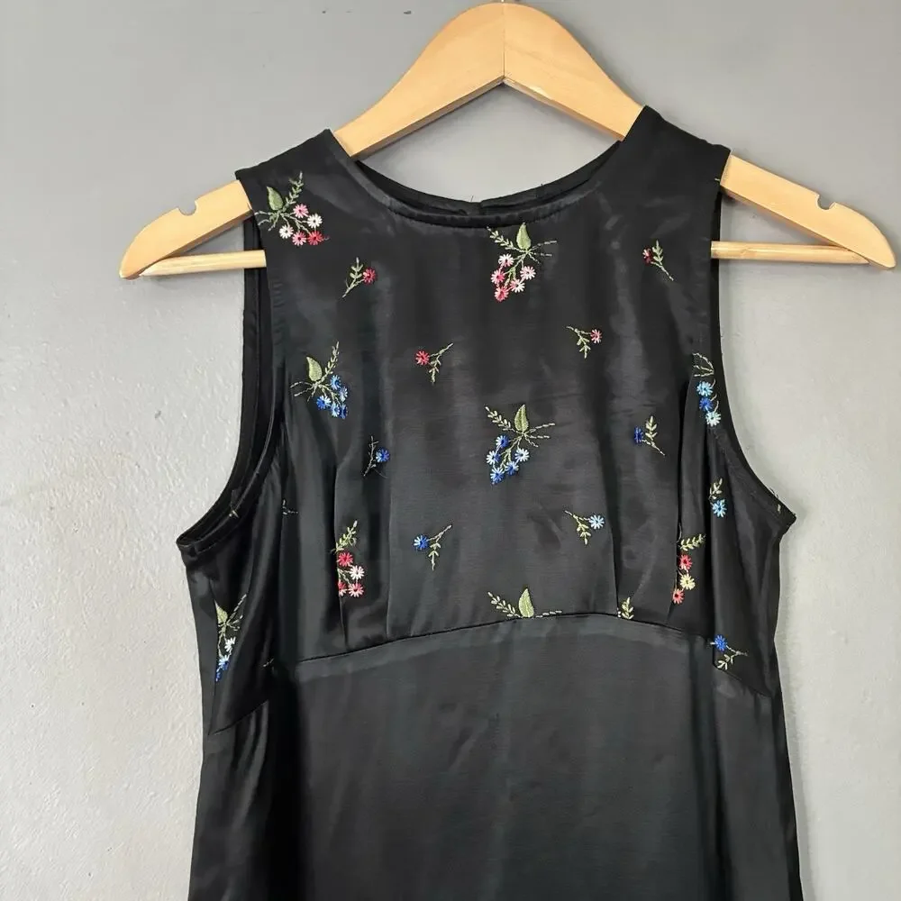 90s Vintage XOXO Black Satin Embroidered Babydoll Dress | Euro Summer Feminine